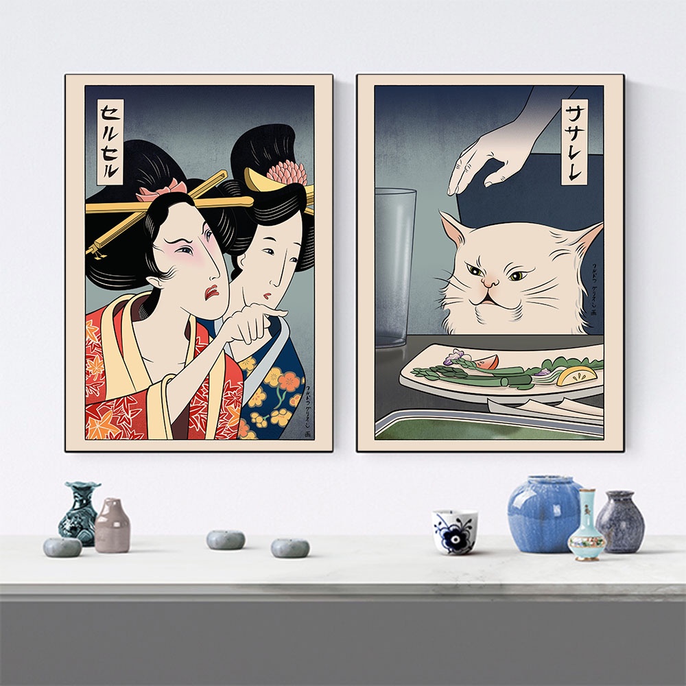 Ukiyoe Style Posters and Prints Woman Yelling at Cat Canvas Painting ...