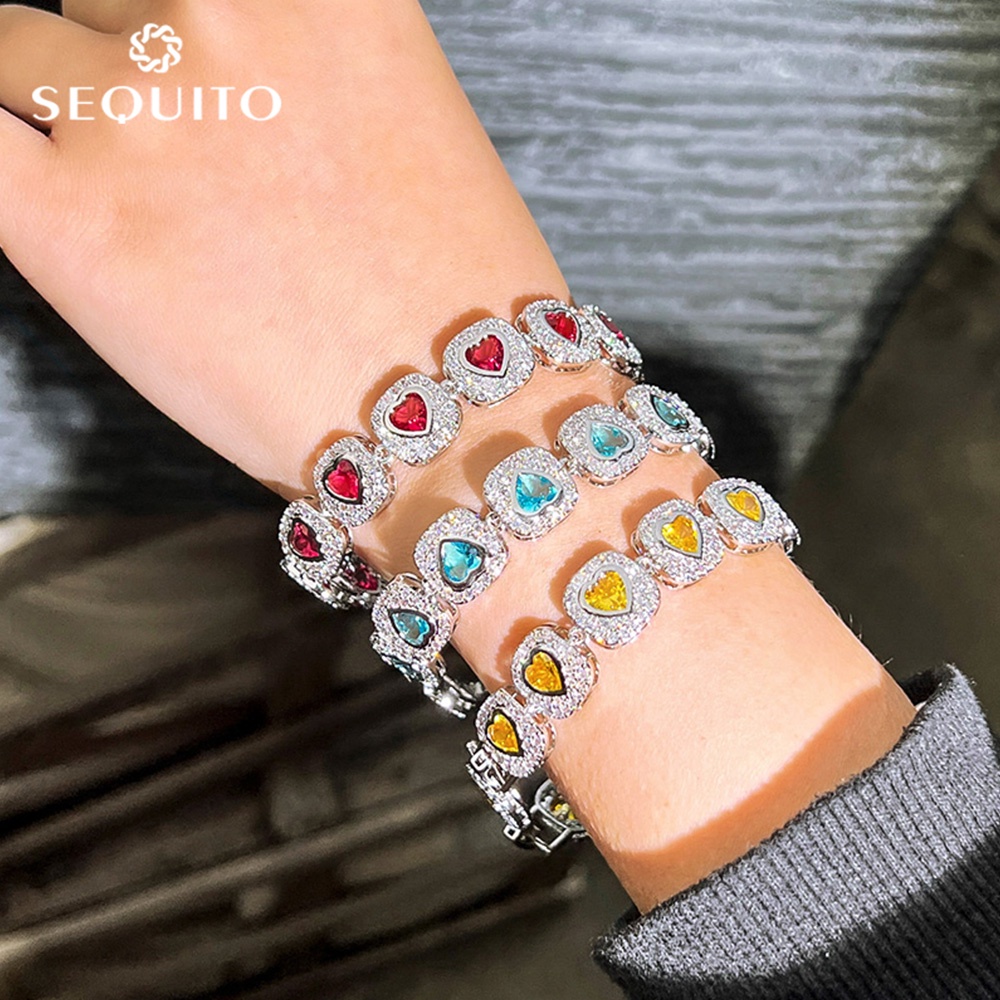 SEQUITO Gorgeous Silver Plated Inlaid Heart Shape Red Blue Yellow AAA ...