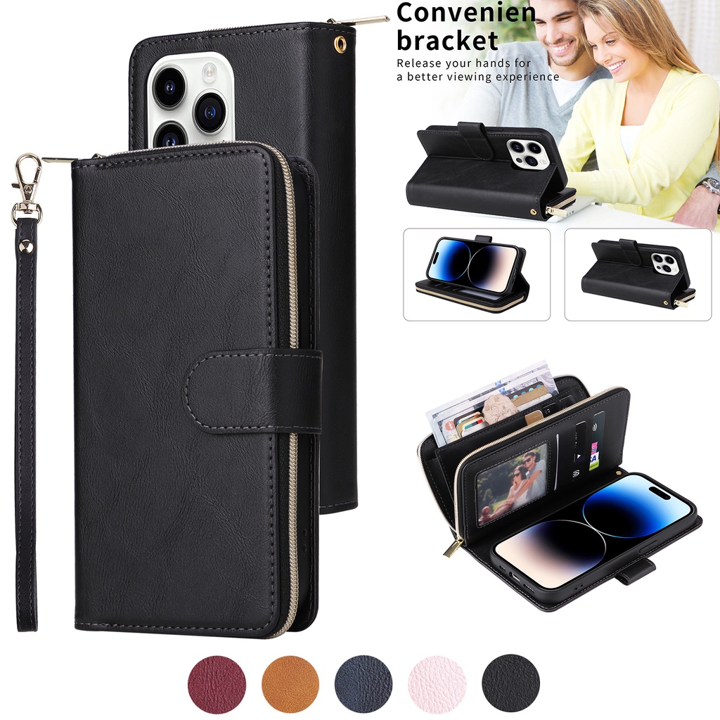 Flip Case Samsung A14 5G Galaxy A34 A54 A74 A01 A02s A03s A04s A13 5G  Leather Cover Zipper Wallet With Card Slots Lanyard Soft TPU Bumper Shell  Stand