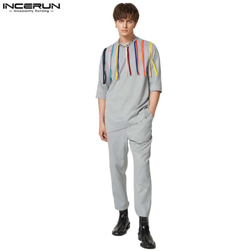 INCERUN Men's color tassel splicing solid color two-piece set | Shopee ...