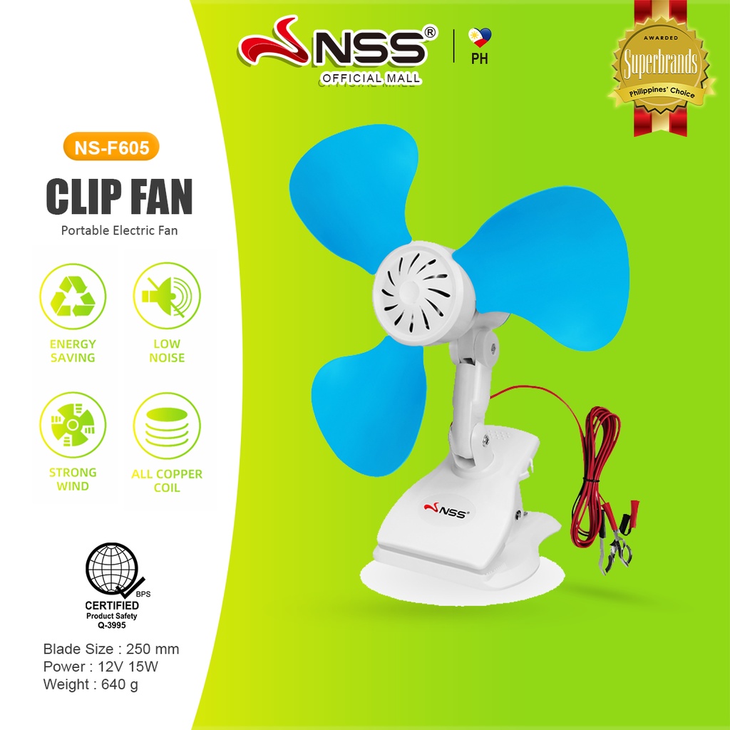 NSS Fan Electric Clip Fan Portable DC 12V 15W 3 blends Rechargeable ...