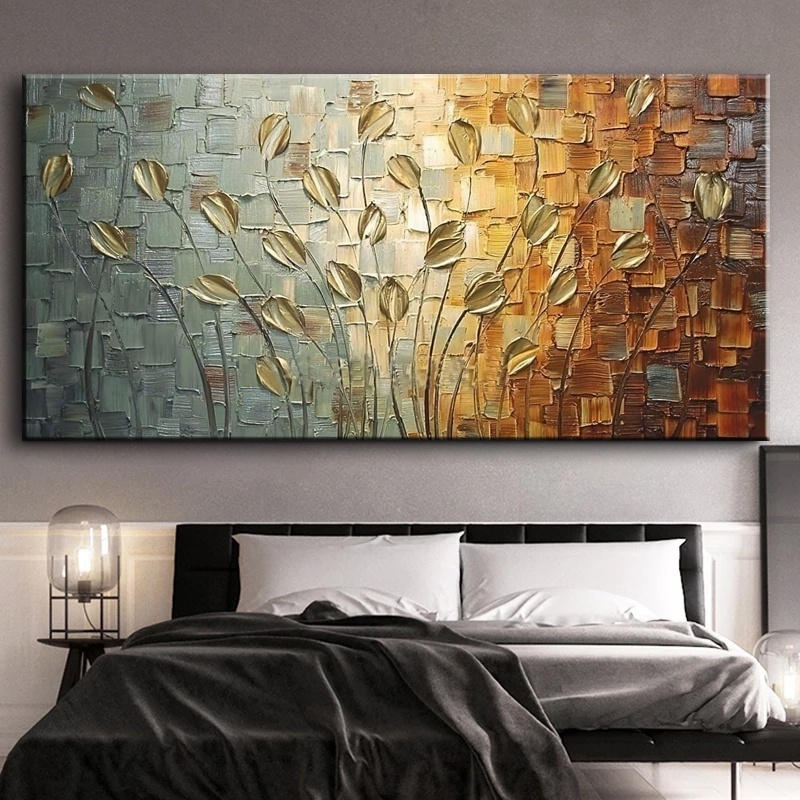 Nordic Abstract Golden Leaves Flowers Oil Painting on Canvas Wall Art ...