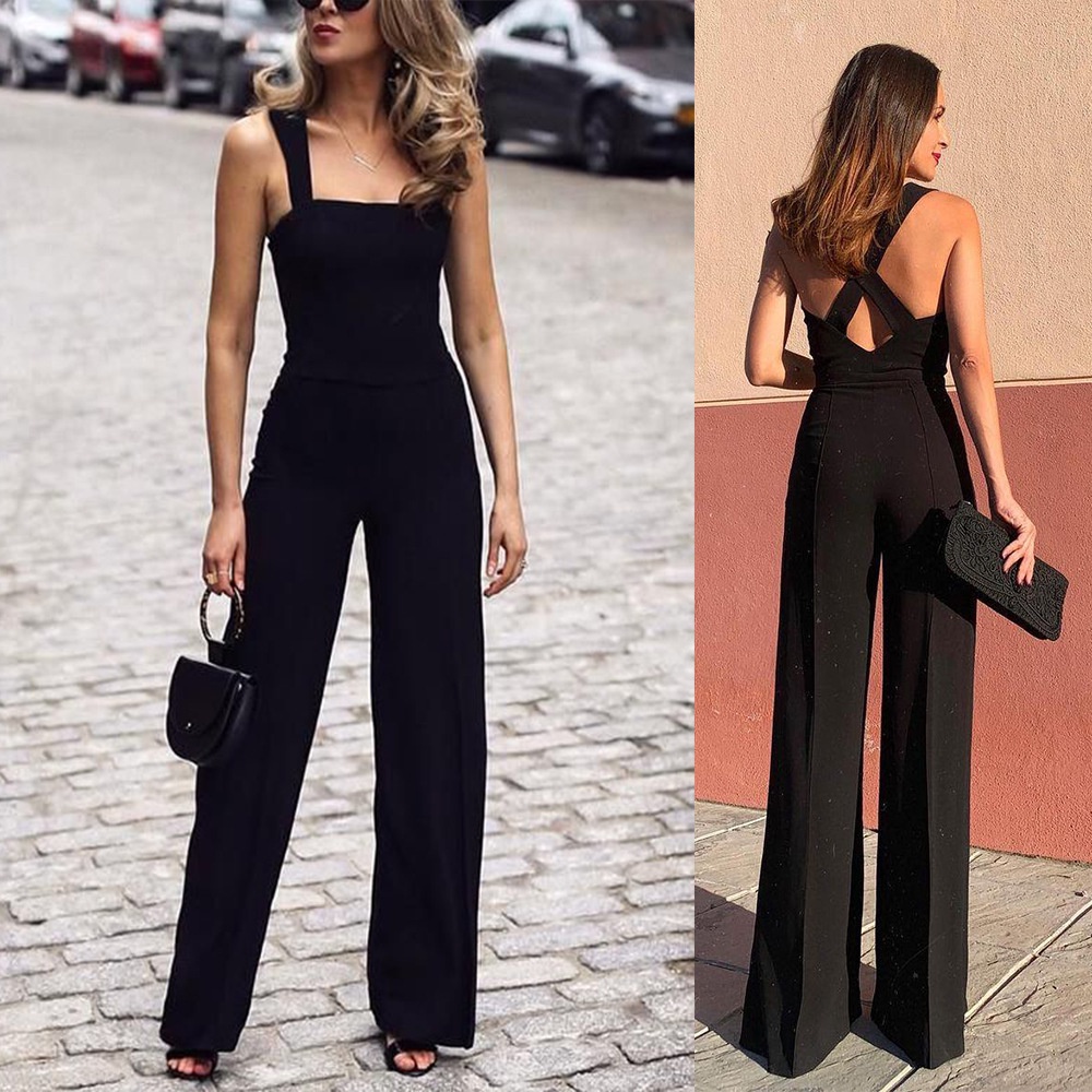 Black Long Formal Jumpsuit Wide Leg Pants for Wedding 2023 Women's