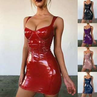 Women Erotic Lingerie Pu Sexy Short Leather Skirt Tube Top Strap Tight  Dress-2a