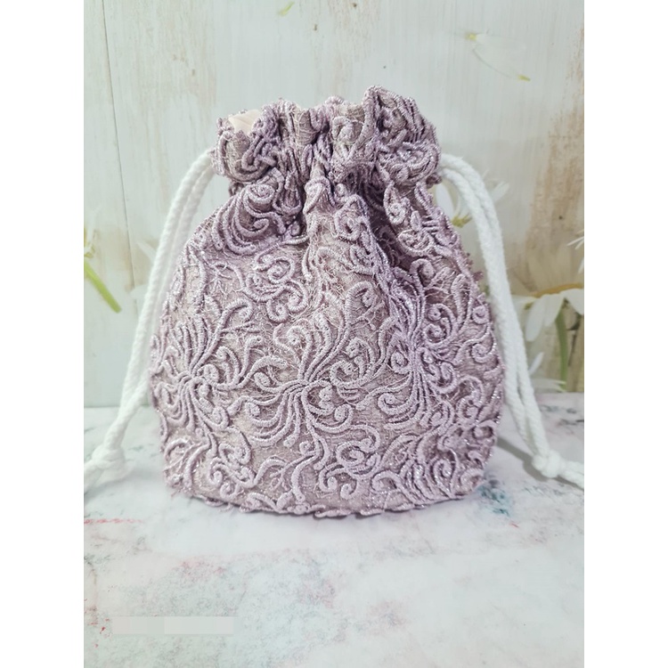 Pink Lace Drawstring Bag With Openwork Pattern Two-Layer Glossy Fabric ...