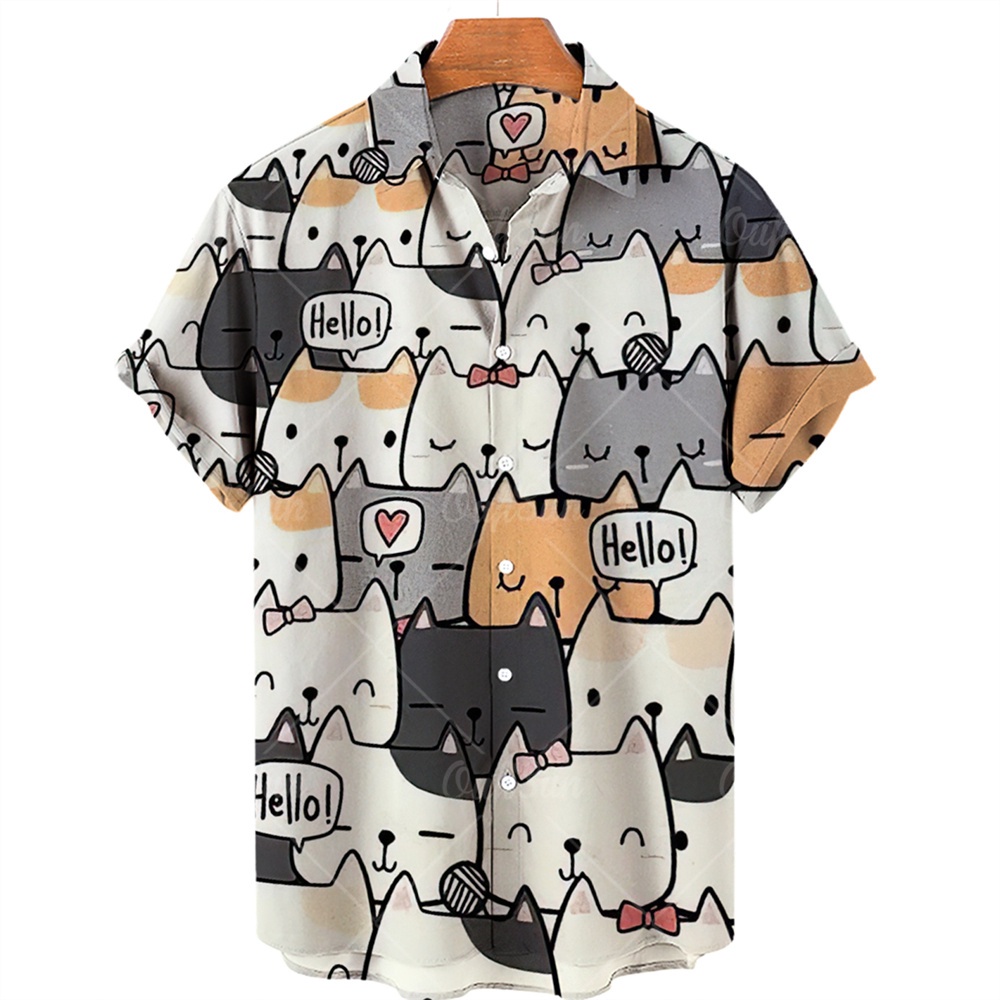 Men Hawaiian Shirt 3D Cat Print Summer Holiday Fashion Casual Beach ...