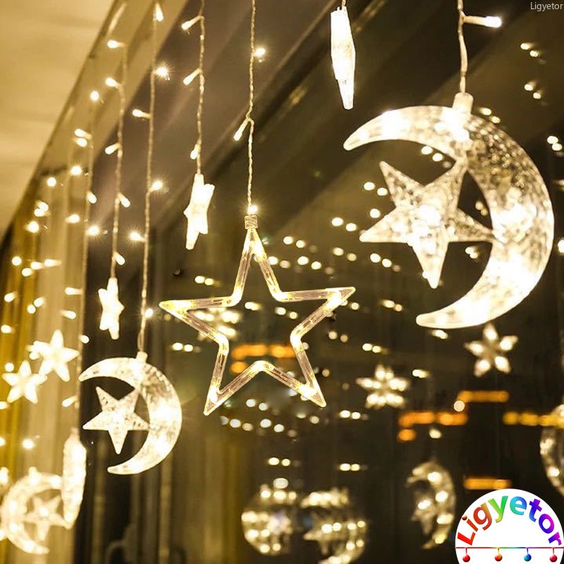 Ligyetor EID 8 Modes 3.5M 138LED Star Moon Curtain String Lights for ...