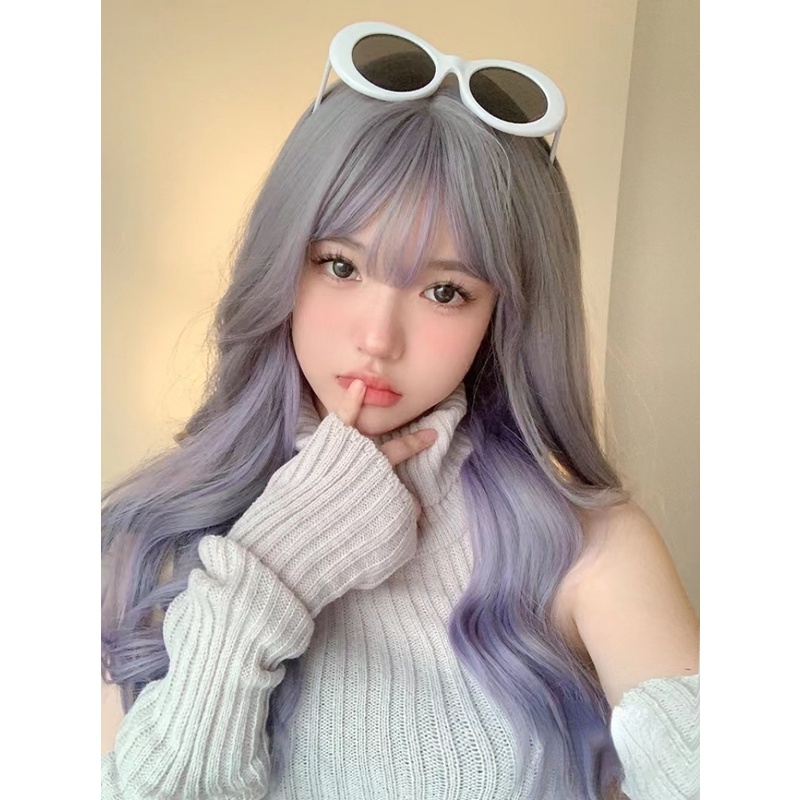 TAVIMART  -  Long Wavy Ombre Pink Green Gradient Women Synthetic Wig with Bangs Lolita Cosplay Heat Resistant Wig for Daily Party