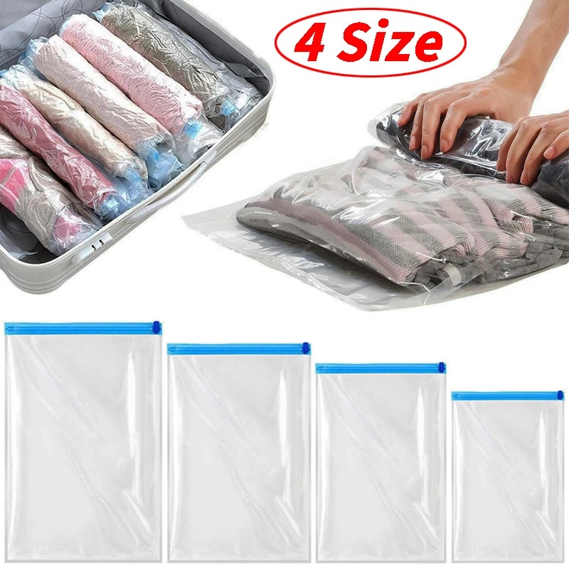 4 Size RollUp Compression Vacuum Storage Bags/Reusable Travel Clothes