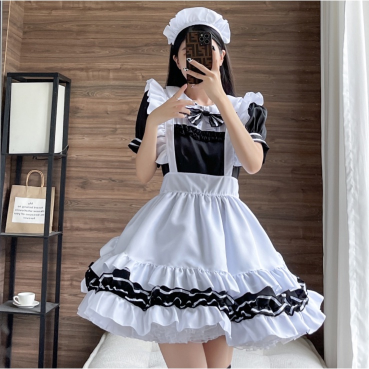 Black White Cute Lolita Maid French Maid Dress Girls Woman Amine ...