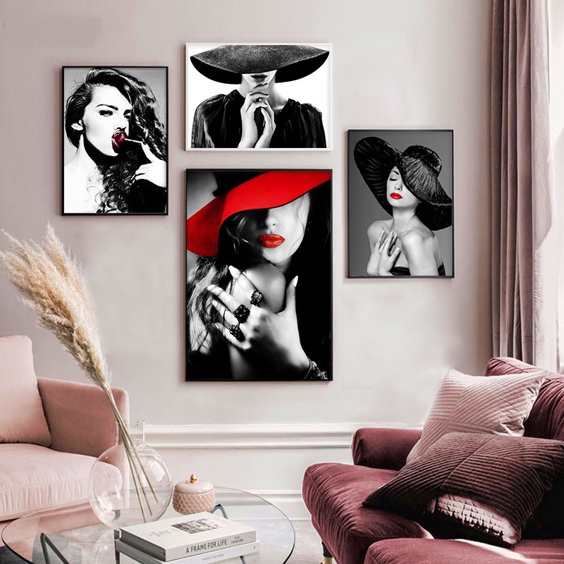 Fashion Lady with Hat Wall Art Red Lips Women Canvas Poster Black and ...