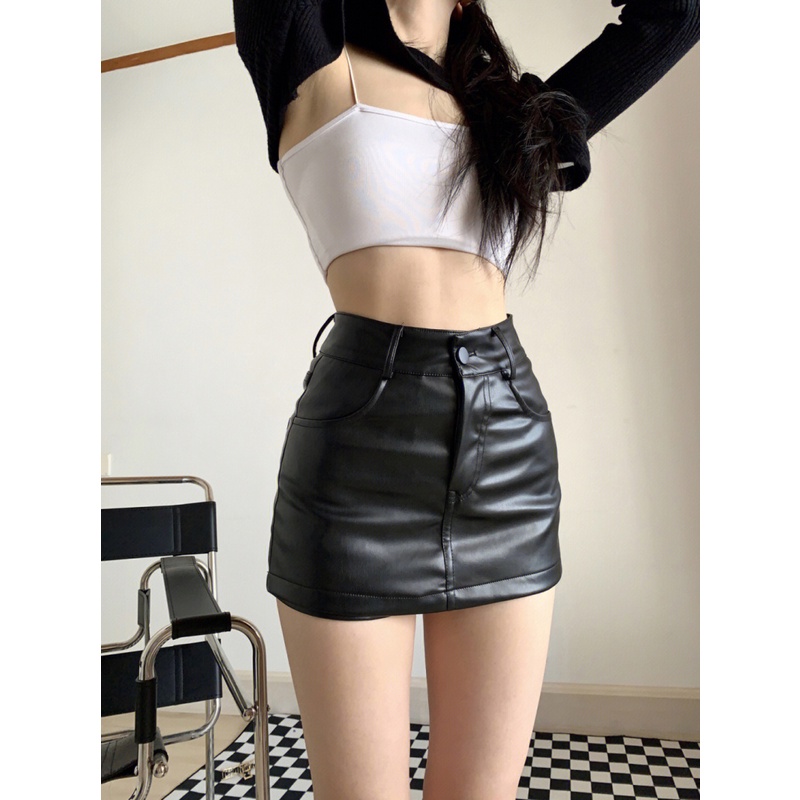 Korean Style Black PU Leather High Waist A-line Slim Mini Skirt ...