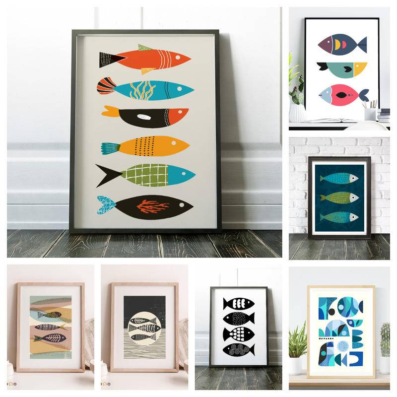Mid Century Modern Fish Wall Art canvas painting for Kitchen living