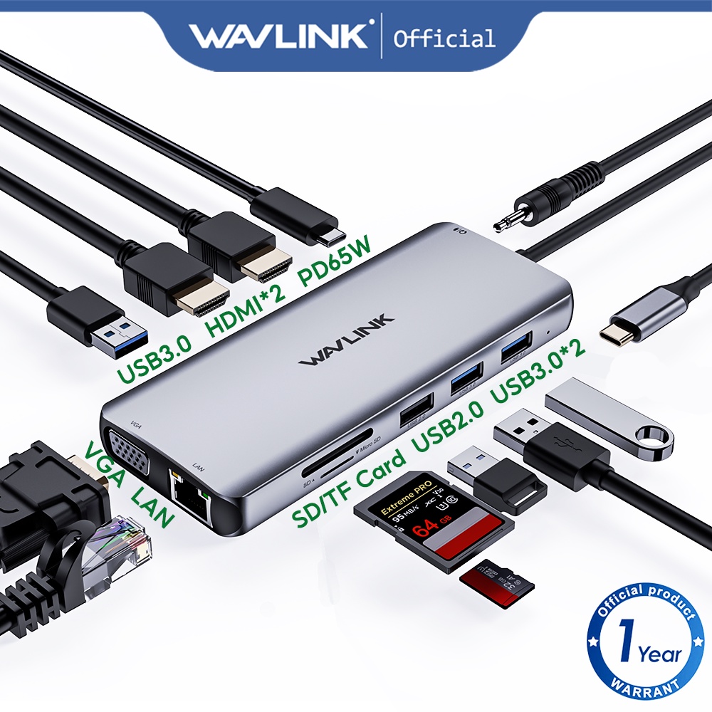 Wavelink USB C 12 In 1 Hub Triple Display Type-C Adapter W/ 4k HDMI And ...