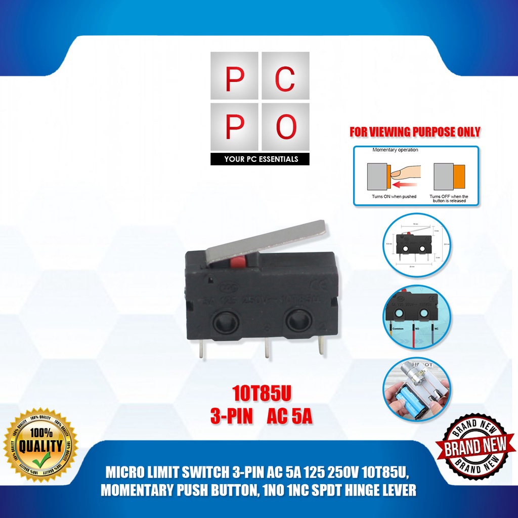MICRO LIMIT SWITCH 3PIN AC 5A 125 250V 10T85U, MOMENTARY PUSH BUTTON