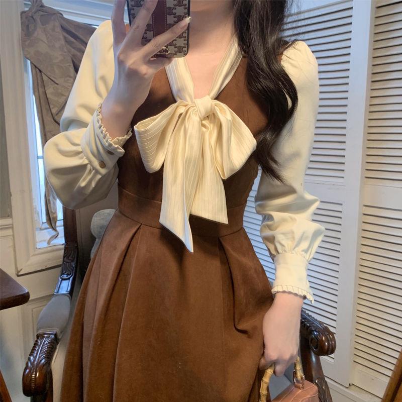 Hepburn Style French Elegant Dress Women Design Bow Long Sleeve Midi