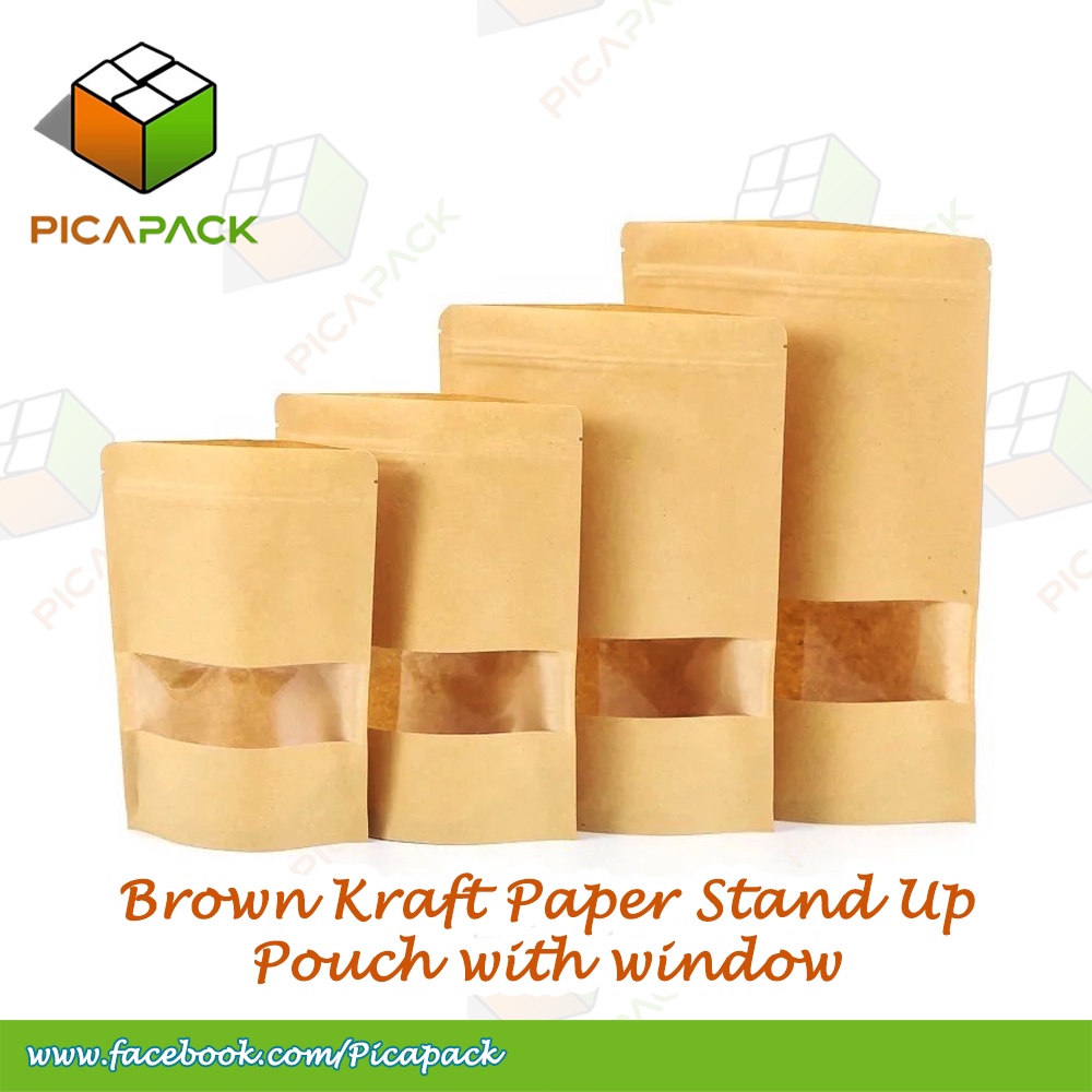 SALE 100pcs Kraft Brown with window Paper Stand Up Pouch and Resealable ...