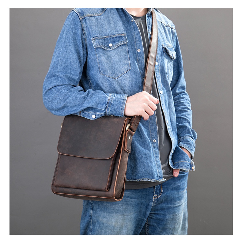 Munuki New Fashion Genuine Leather Men Shoulder Bag Crazy Horse Leather