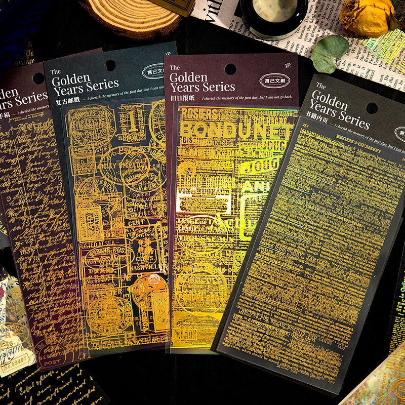 Journamm 3pcs/pack Gilding Style PET Stickers Collage DIY CUT