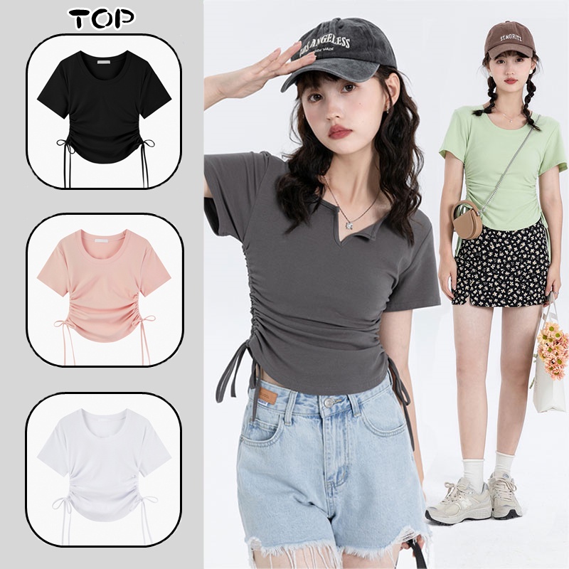 SELLDA S-2XL Women Cotton Crop Top Short Sleeve Plain Korean Shirt ...