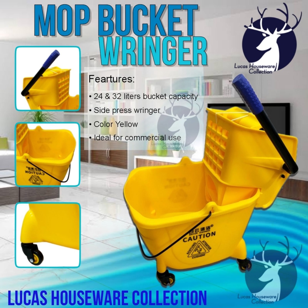 PLASTIC COMMERCIAL MOPBUCKETS WITH WHEELS & SIDE PRESS WRINGERS SET ONLY (24 & 32 LITERS