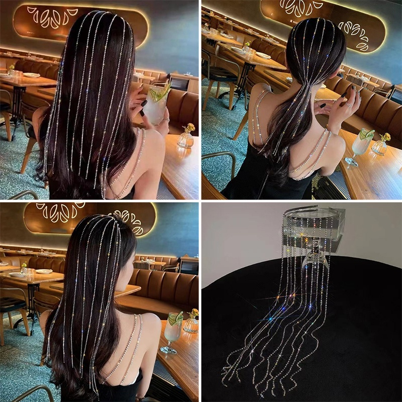 Fashion Exaggerated Long Shiny Diamond Chain Tassel Headband