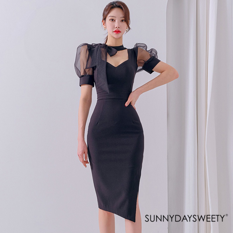 New Korean Style Elegant Slim-Fitting Patchwork Bow Self-Tie Slit ...