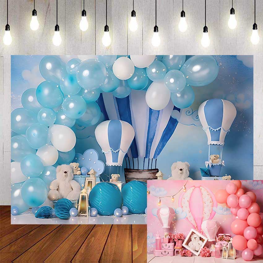 Blue Pink Teddy Bear Hot Air Balloons Party Backdrop For Baby Shower ...