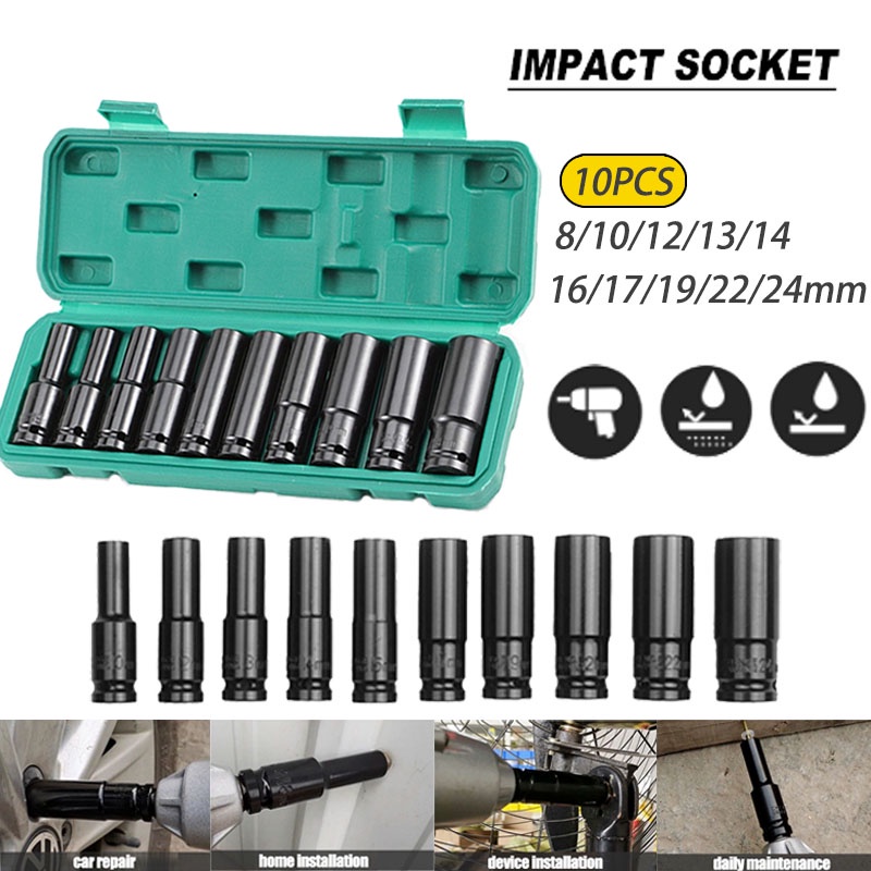 Impact Wrench Socket 10Pcs Set 1 2 8mm 24mm Impact Socket Pneumatic Wrench Head Tire Removal Tools