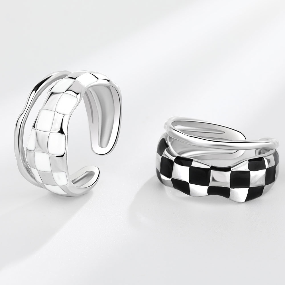 Square Chessboard Ring Simple Black and White Check Design Open Ring ...