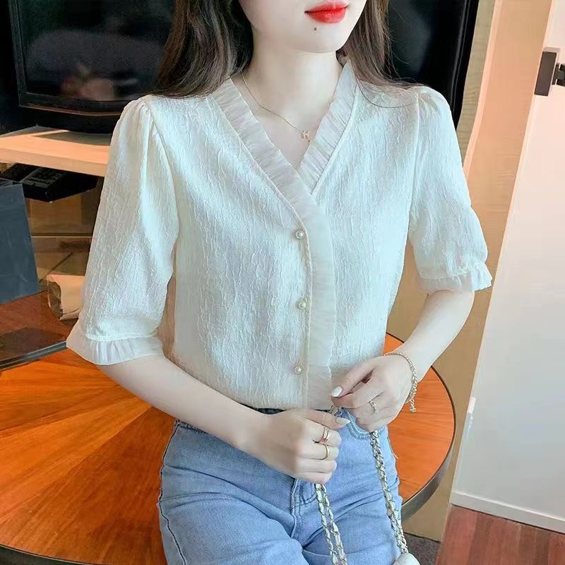 Short Sleeve White Formal Blouse For Women Plus Size V Neck Chiffon Loose Puff Sleeve Ruffled