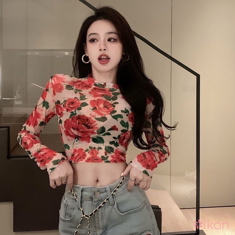 MakeMeChic Women's Floral Mesh Crop Top – Long Sleeve Square Neck Ruched Tee - View #7