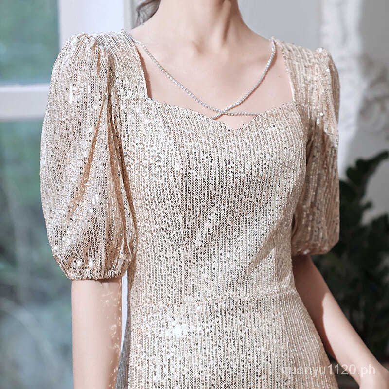 Banquet Evening Dress Noble Gold Sequins Dinner Host Dress Female Annual Chairman Section Was Thin