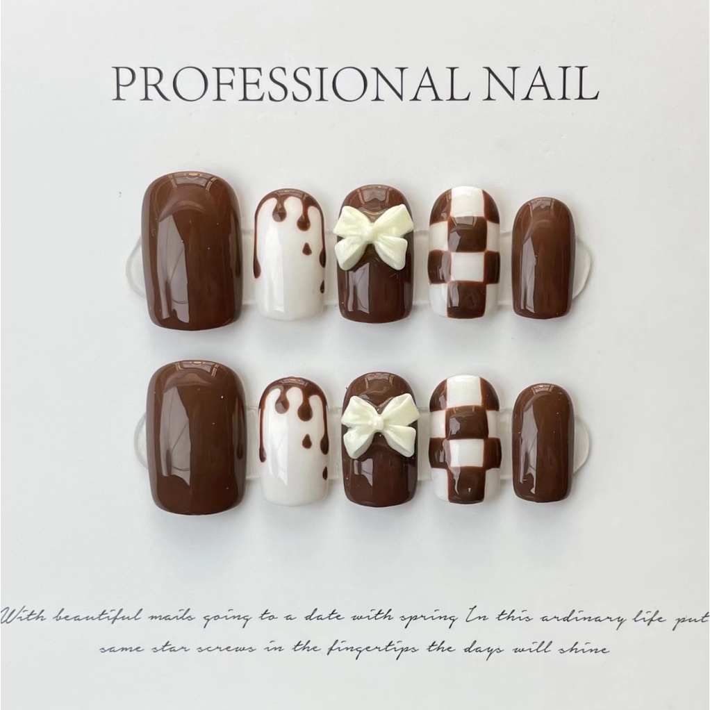 Full HANDMADE Rectangle Shape Fake Press on Nails With Glue Brown ...