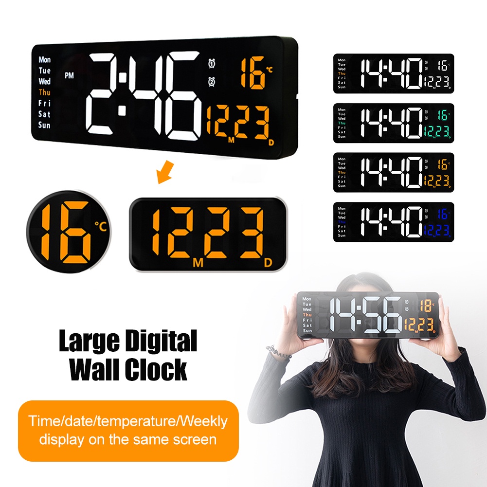 Large Electronic Wall Clock Remote Control Temperature Date Power Off
