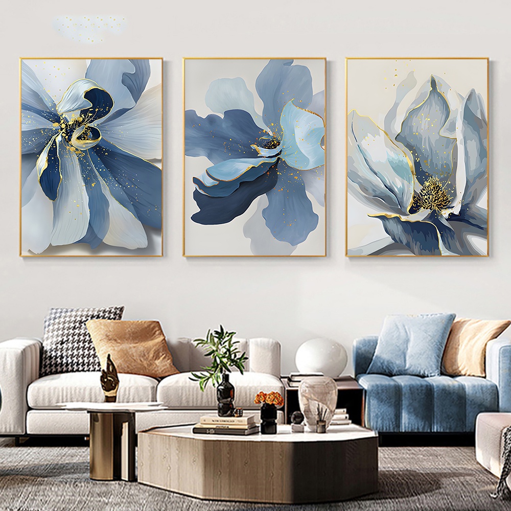 Modern Big Floral Blue Flowers Posters Luxury Abstract Canvas Painting ...