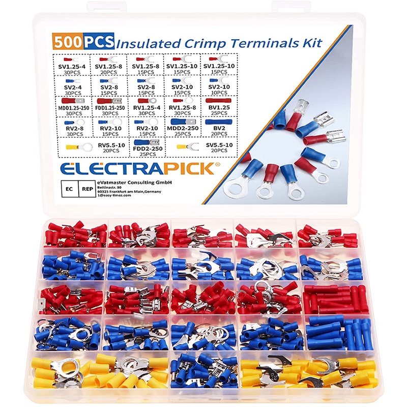 thumbnail image 2 of 500-Pack Tinned Insulated Crimp Terminals - Electrical Cable Wire Splice Connectors 2 of 5