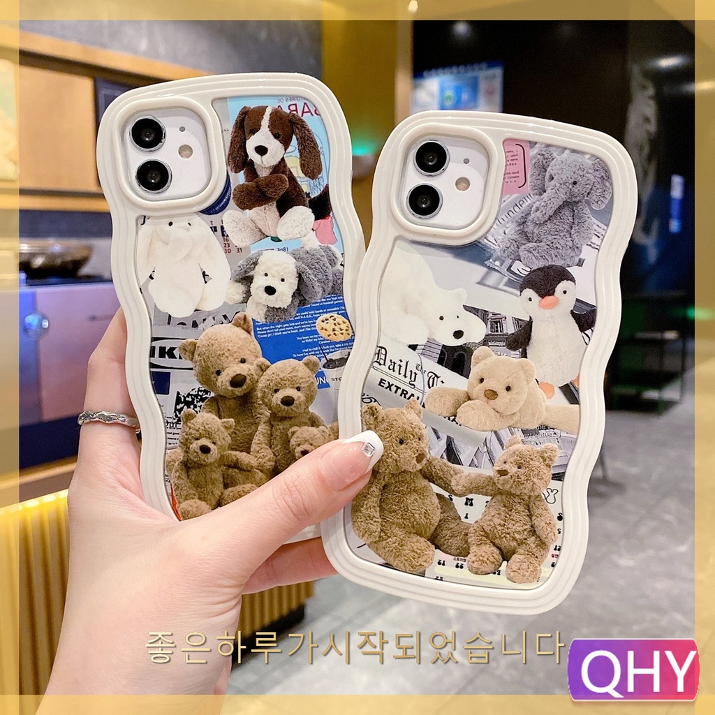 QHY Wavy edge border teddy bear bunny cartoon Plush Doll stuffed animal  cute phone case compatible for iphone 15 14 6s Plus XR 11 12 13 pro xs 