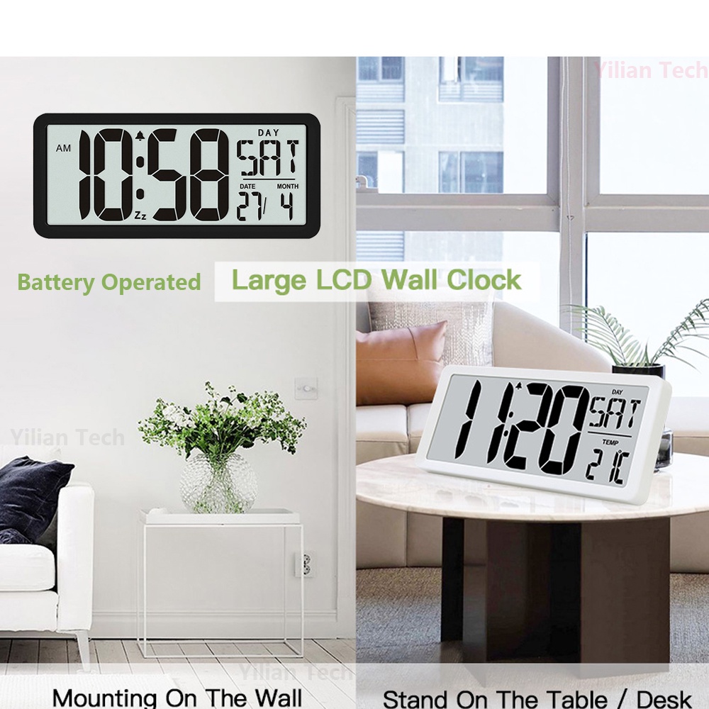 Large Digital Wall Clock Battery Operated Alarm Clock with Day Date
