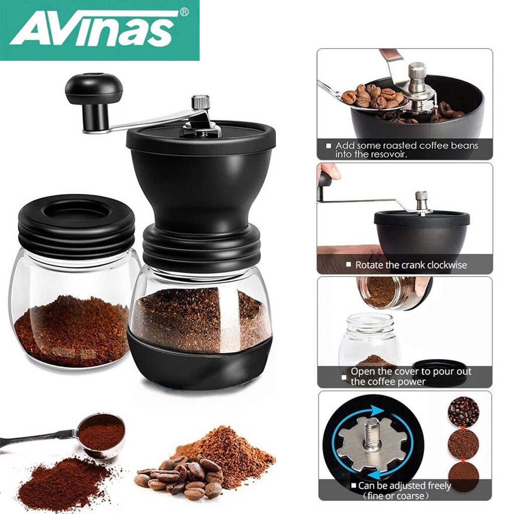 Manual Coffee Grinder With Ceramic Burrs, Hand Coffee Mill With Two Glass