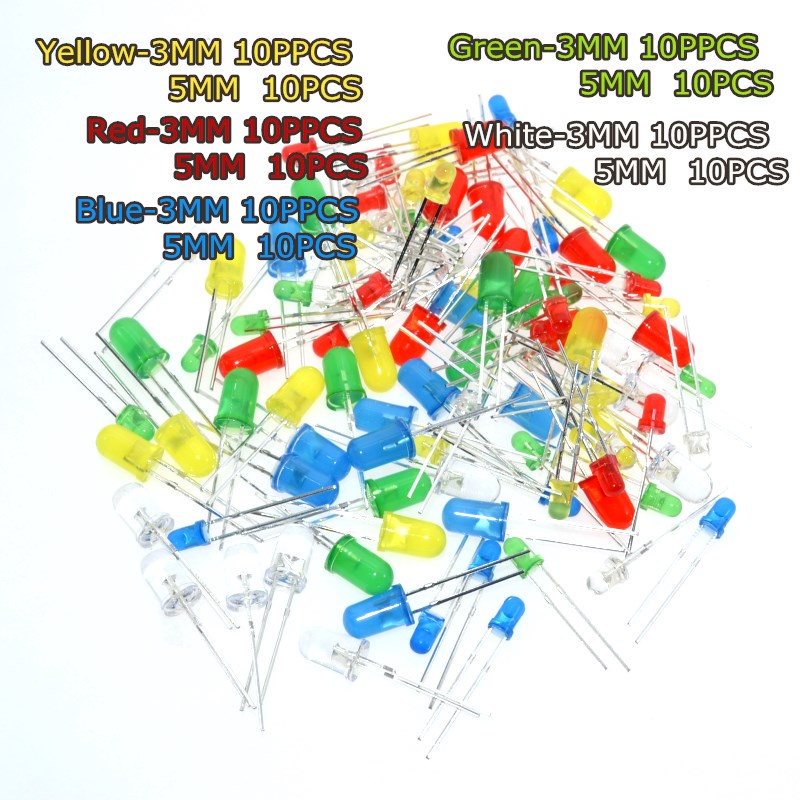 100PC/Lot 5MM F3 3mm LED Diode Light Assorted Kit Green Blue White ...