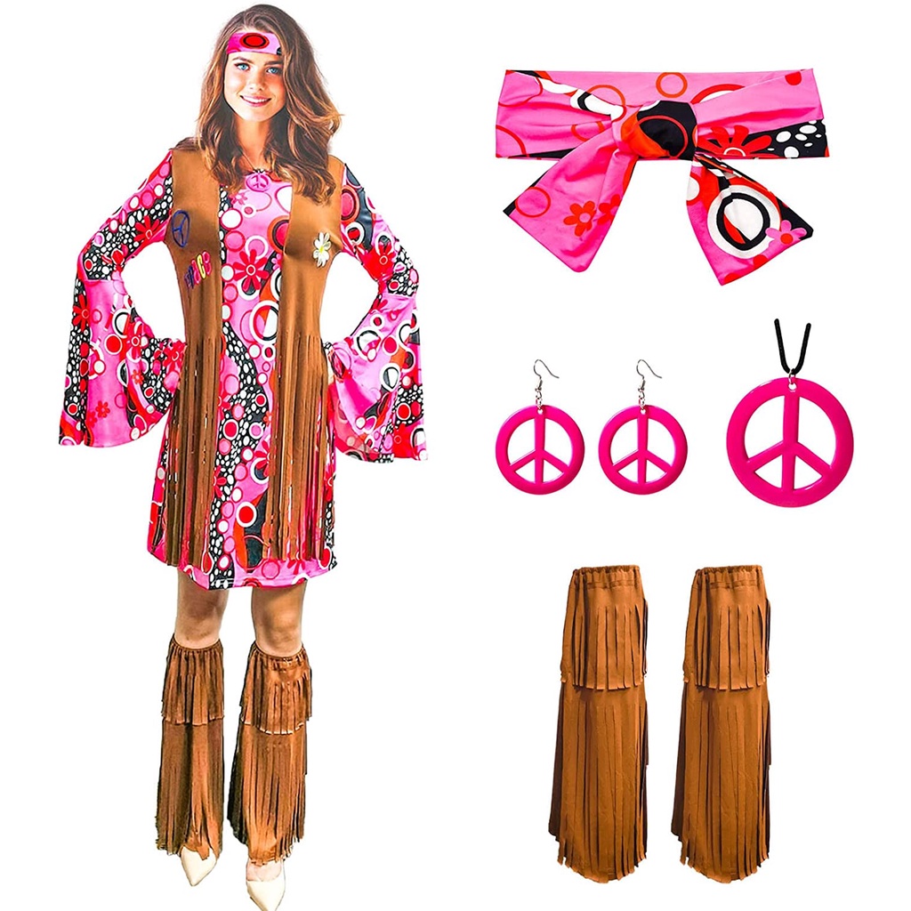 ATAMET Women 60s 70s Hippie Costume Outfits Hippy Clothes Disco Dress ...