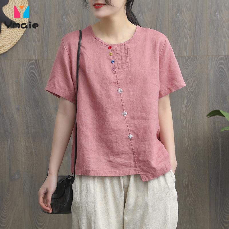 Cotton Linen Blouse Women's Loose Large Women's Embroidered Short