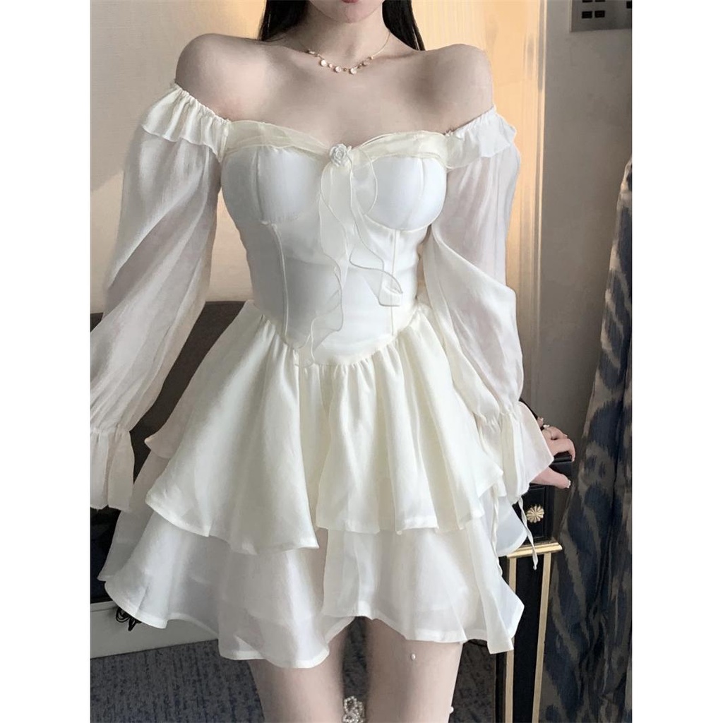 Korean spring new fairy gentle apricot high waist slim women s long sleeved mini dress Shopee Philippines