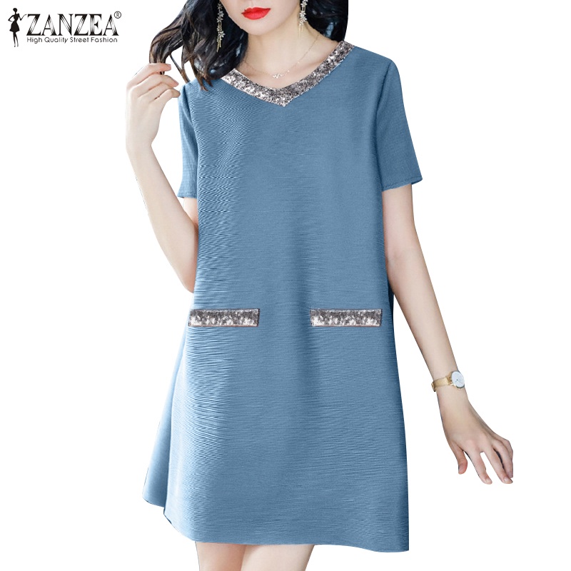 ZANZEA Women Korean Casual Short Sleeve V Neck A Line Office Mini Shift ...