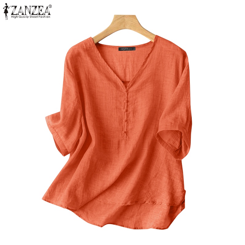 ZANZEA Women Korean Daily Half-sleeve V-neck Simple Plain Decorative ...