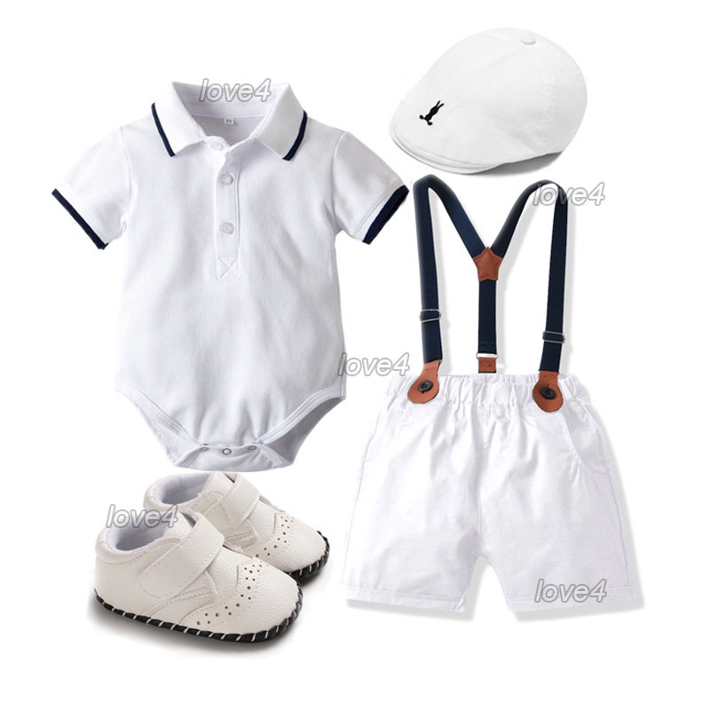Christening Clothes for Baby Boy White Polo Romper Suspender Pants Baby