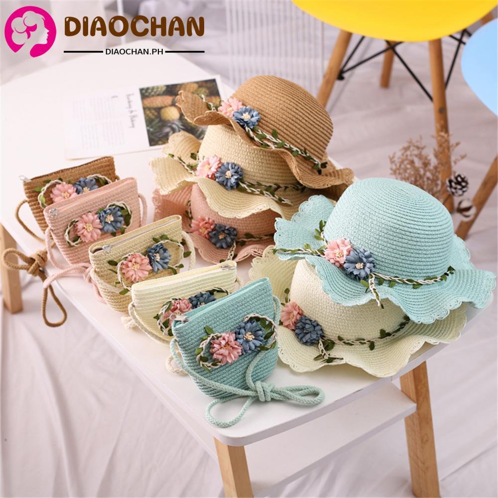 DIACHA [Summer New] Girls Straw Hat Bag Flower Sunshade Beach Caps