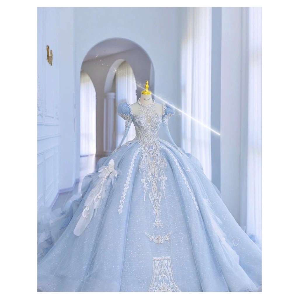 Blue Wedding New Style Bridal Heavy Industry Luxury Large Trailing Puff  Sleeves Running Princess French Main Gauze Winter