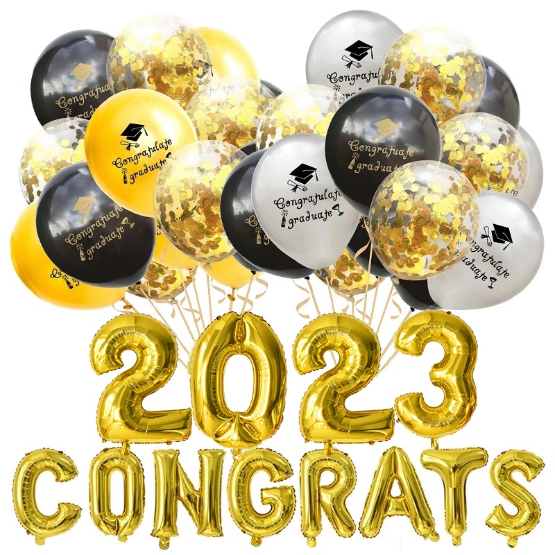 43pcs/set Graduation Balloons Gold Silver Black Latex Balloon Confetti ...